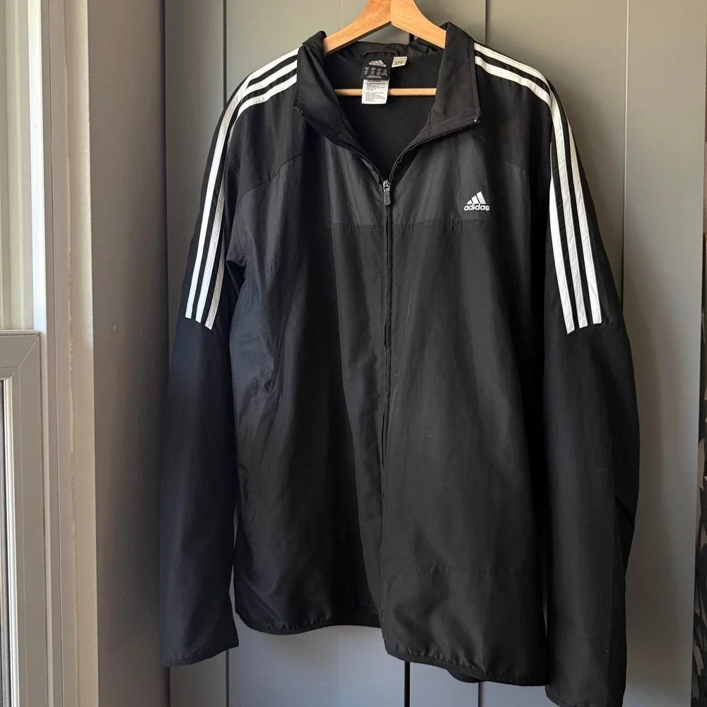 adidas Men's Black 3-Stripe Lightweight Zip Windbreaker Jacket 2XL